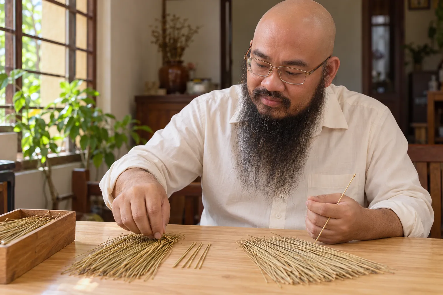 Hình minh hoạ dựng theo hình Thầy Thuận Thiên: người đàn ông ngồi bên bàn gỗ, chia bó que cỏ thi làm hai nhóm và kẹp một que vào ngón út tay trái.