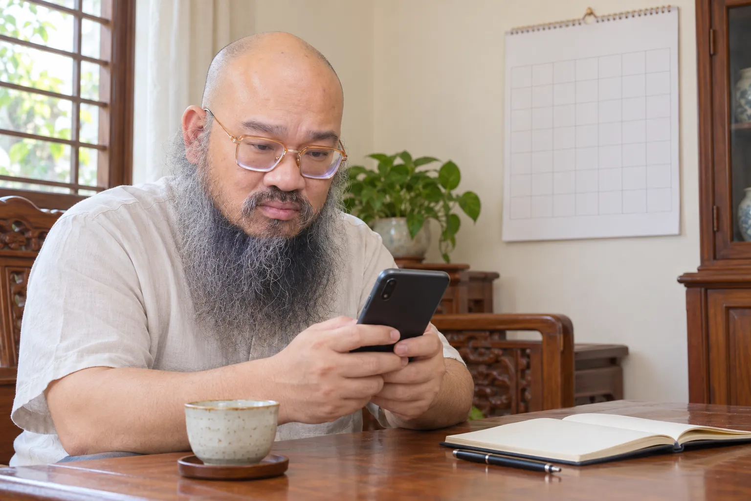 Hình minh hoạ dựng theo hình Thầy Thuận Thiên: người đàn ông ngồi bên bàn gỗ trong nhà, cầm điện thoại xem ngày, sau lưng là tờ lịch treo tường.