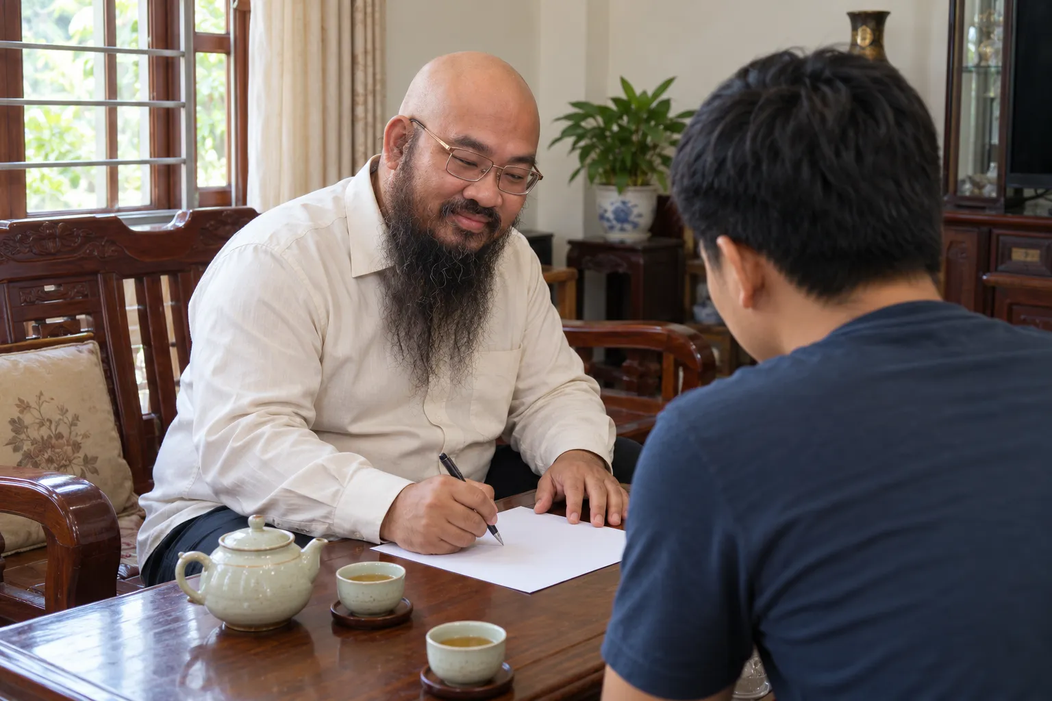 Hình minh hoạ dựng theo hình Thầy Thuận Thiên: người đàn ông ngồi bên bàn gỗ trong phòng khách, cầm bút làm phép tính trên tờ giấy, một người trẻ ngồi đối diện nhìn xuống giấy.