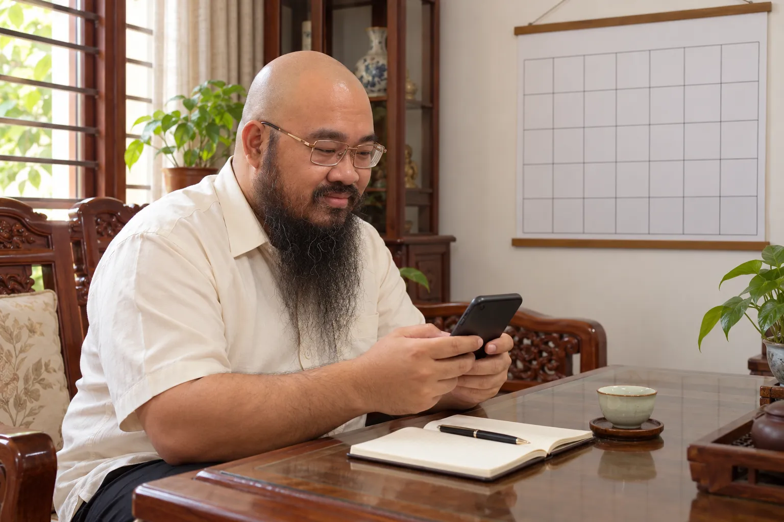 Hình minh hoạ dựng theo hình Thầy Thuận Thiên: người đàn ông ngồi bên bàn gỗ trong nhà, cầm điện thoại xem ngày, sau lưng là tờ lịch treo tường.