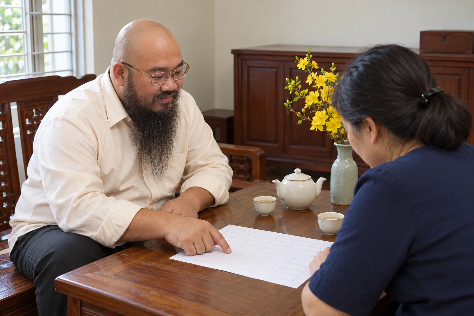 Hình minh hoạ dựng theo hình Thầy Thuận Thiên: người đàn ông ngồi bên bàn gỗ trong phòng khách, chỉ ngón tay vào một tờ bảng in trước mặt, đối diện là một gia chủ ngồi nghiêng.