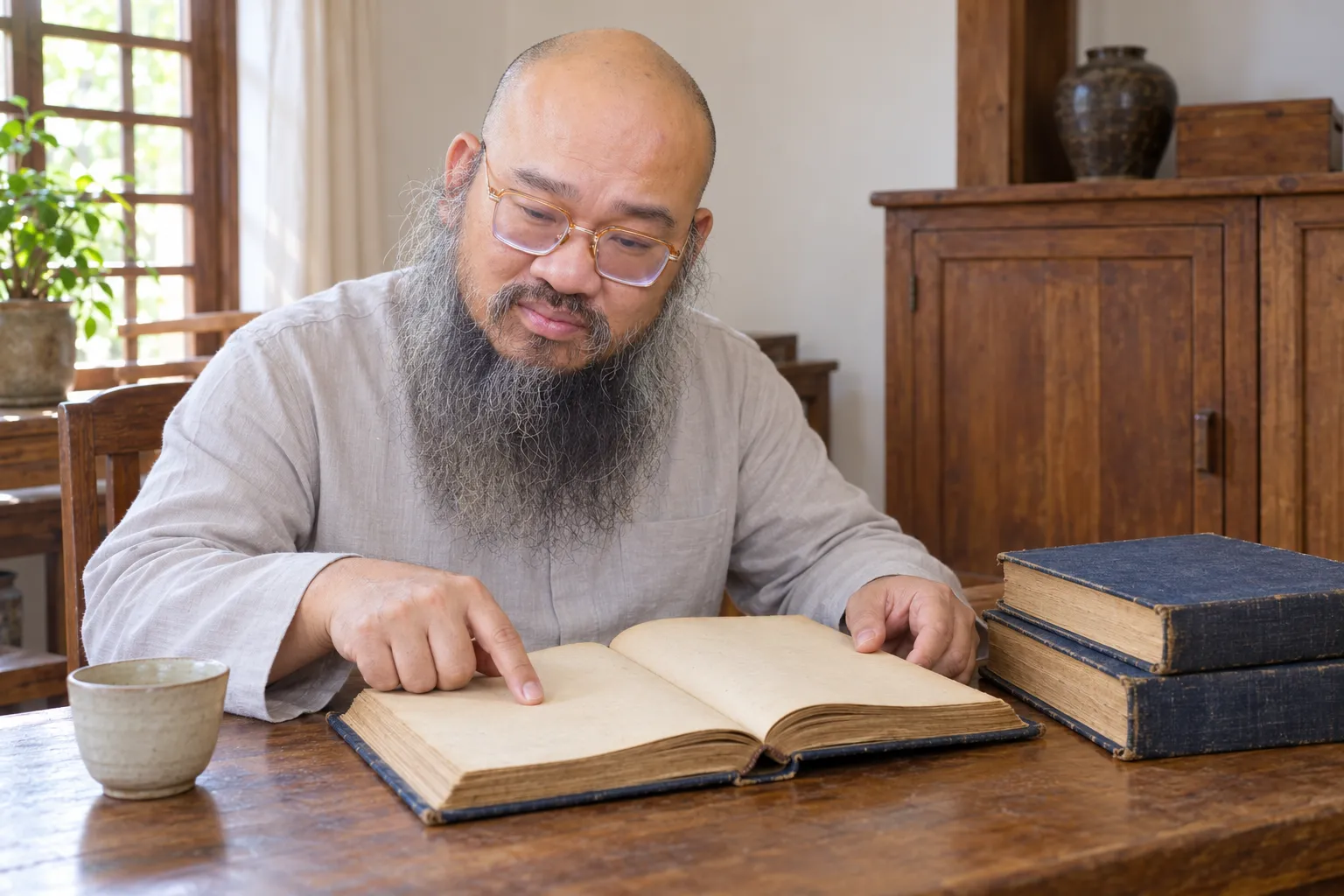 Hình minh hoạ dựng theo hình Thầy Thuận Thiên: người đàn ông ngồi bên bàn gỗ, mở một bộ sách đóng chỉ bìa vải xanh và chỉ ngón tay lên trang sách.