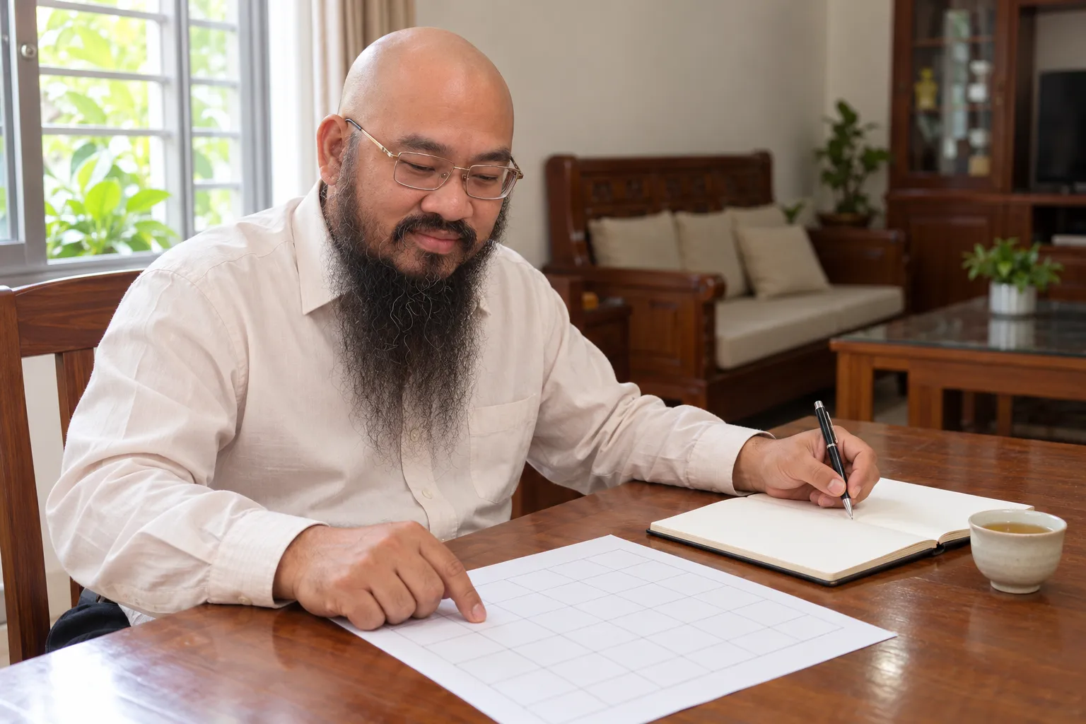 Hình minh hoạ dựng theo hình Thầy Thuận Thiên: người đàn ông ngồi bên bàn gỗ, một tay giữ tờ lịch tháng, tay kia ghi ngày vào cuốn sổ.
