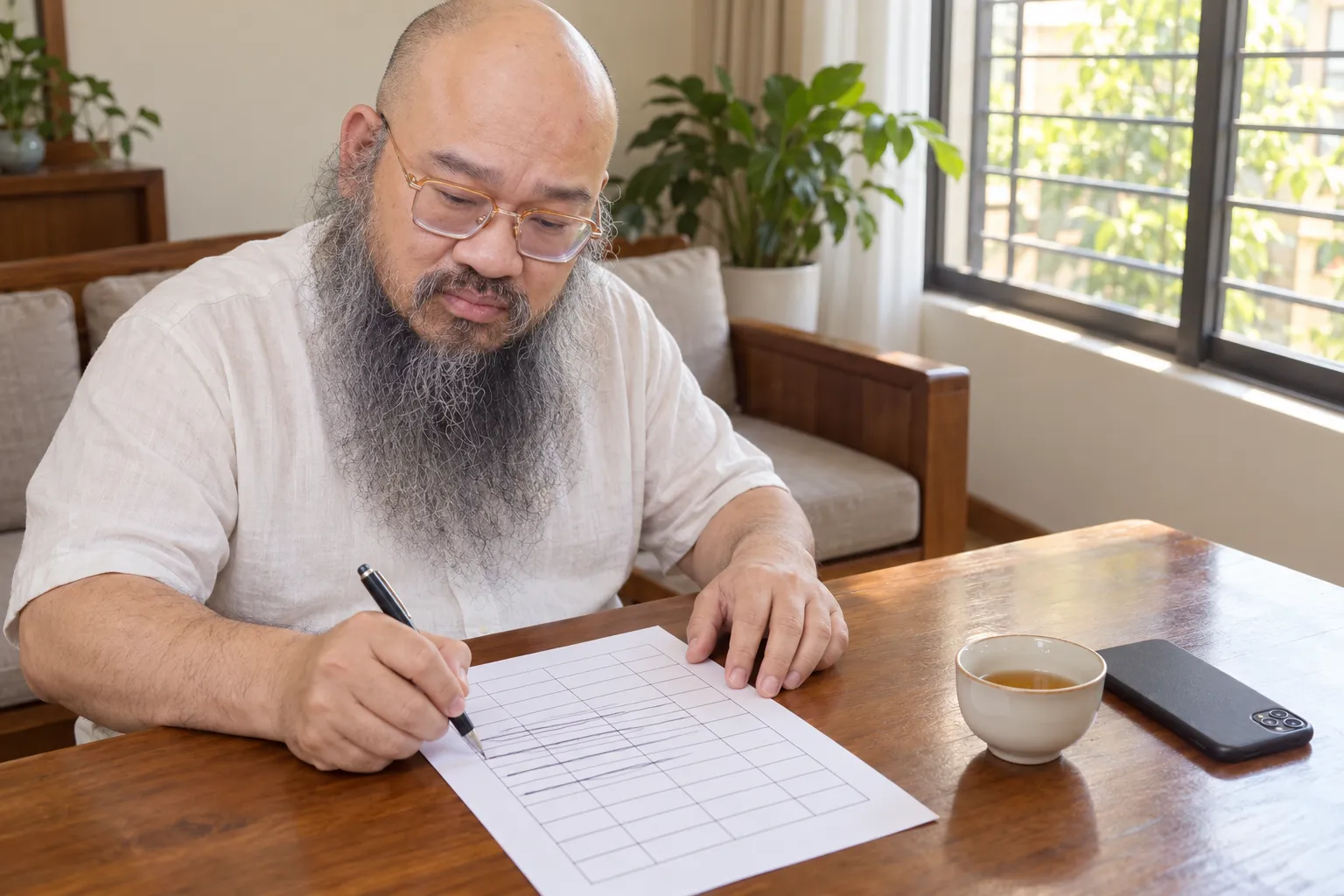Hình minh hoạ dựng theo hình Thầy Thuận Thiên: ngồi bên bàn gỗ trong phòng khách, dùng bút gạch ngang vài hàng trên tờ bảng in để lọc ngày.