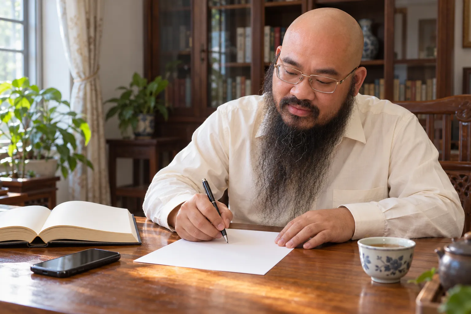 Hình minh hoạ dựng theo hình Thầy Thuận Thiên: người đàn ông ngồi bên bàn gỗ, cầm bút chép ngày giờ sinh ra một tờ giấy, cạnh có cuốn lịch và điện thoại.