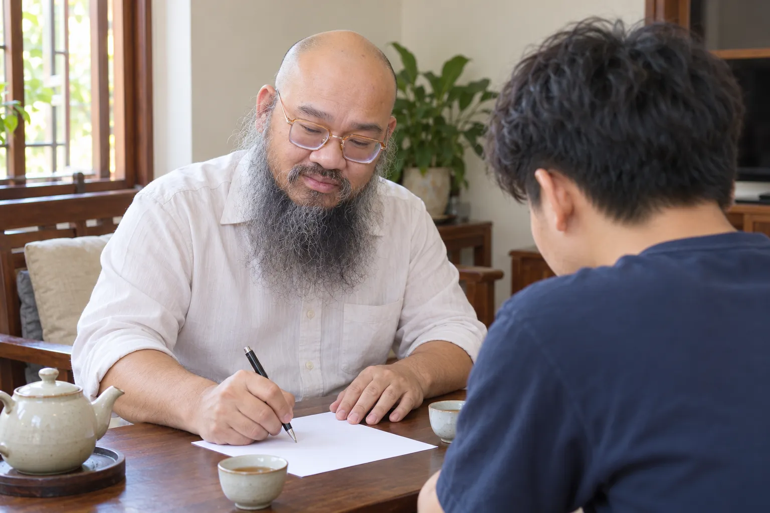 Hình minh hoạ dựng theo hình Thầy Thuận Thiên: người đàn ông ngồi bên bàn gỗ trong phòng khách, cầm bút làm phép tính trên tờ giấy, một người trẻ ngồi đối diện nhìn xuống giấy.