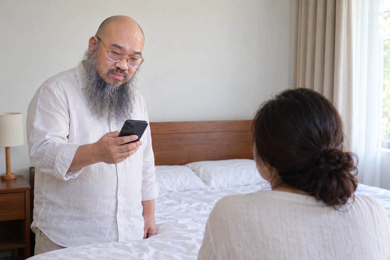 Hình minh hoạ dựng theo hình Thầy Thuận Thiên: người đàn ông đứng cạnh giường trong phòng ngủ, cầm điện thoại xem hướng giường.