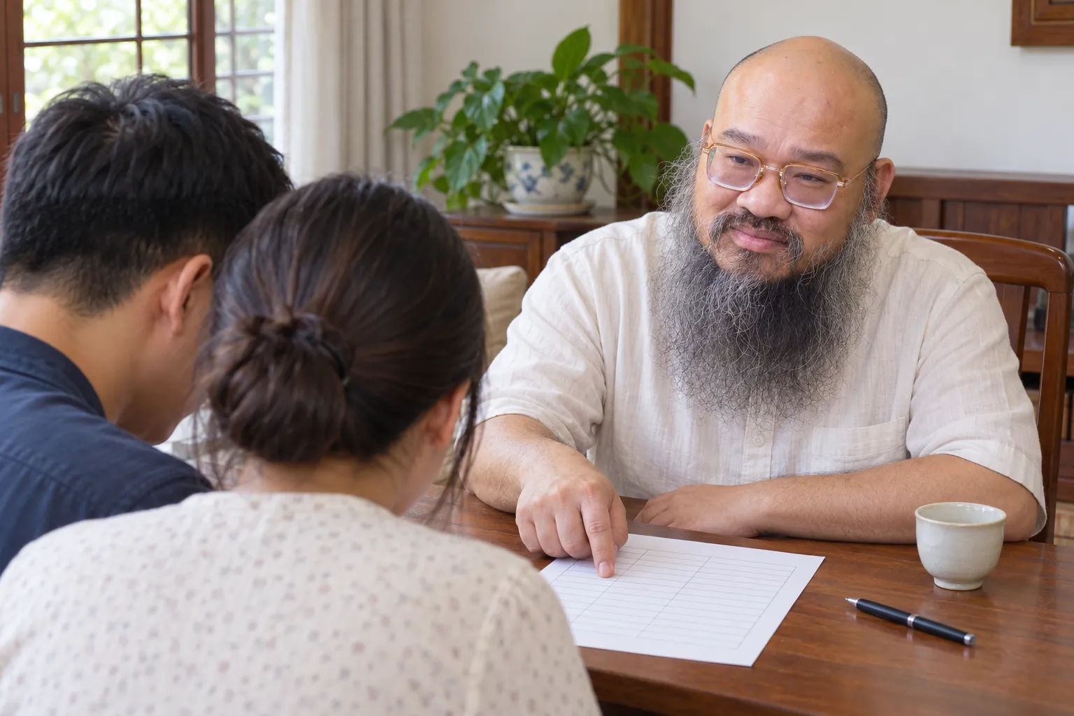 Hình minh hoạ dựng theo hình Thầy Thuận Thiên: người đàn ông ngồi bên bàn cùng một đôi vợ chồng trẻ quay lưng, chỉ ngón tay vào một dòng trên tờ giấy kẻ bảng.